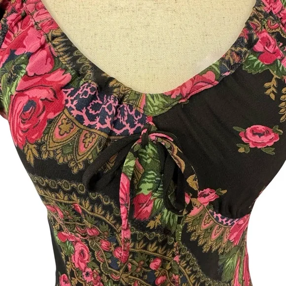 Vintage Rare Y2K Betsey Johnson Black Label Milkmaid Black Floral Roses Dress S